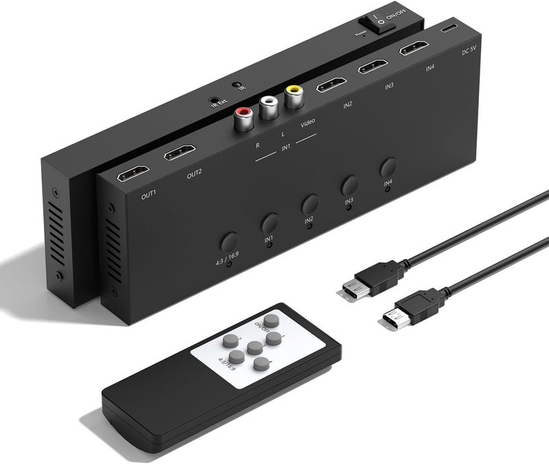 Arector 4 in 2 Out RCA/HDMI Switcher，3 Way HDMI 2.0 + 1 RCA Converter，4:3/16:9 & 2 Ports HDMI Output Support 4K and 3D for PS1/2/3/4/5, N64, SNES, Switch, DVD, Roku, etc. - Image 1